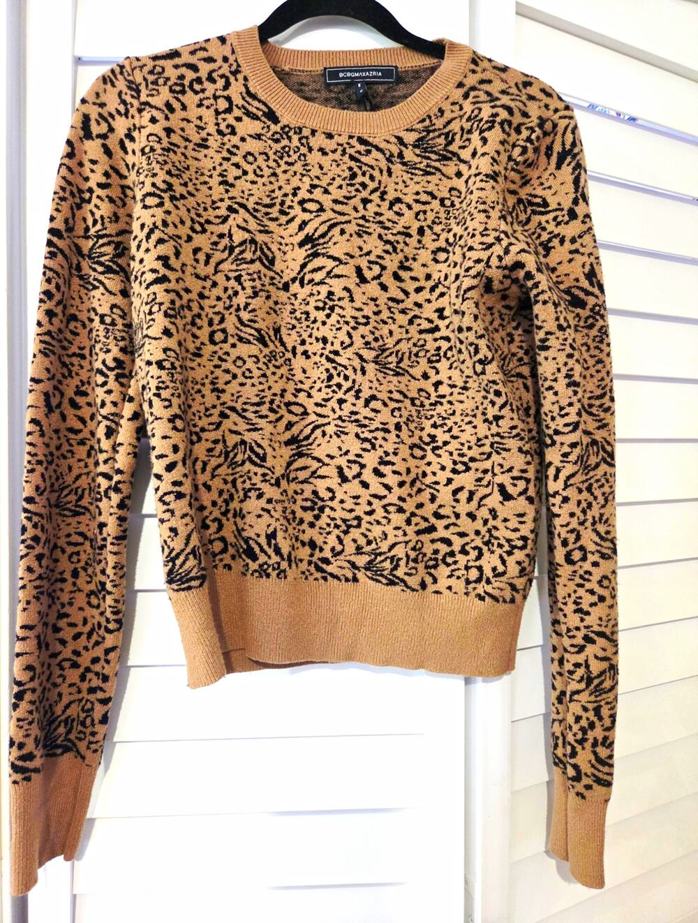 BCBGMAXAZRIA Brown/Black Animal Print Knit Crew Neck Pullover Sweater M